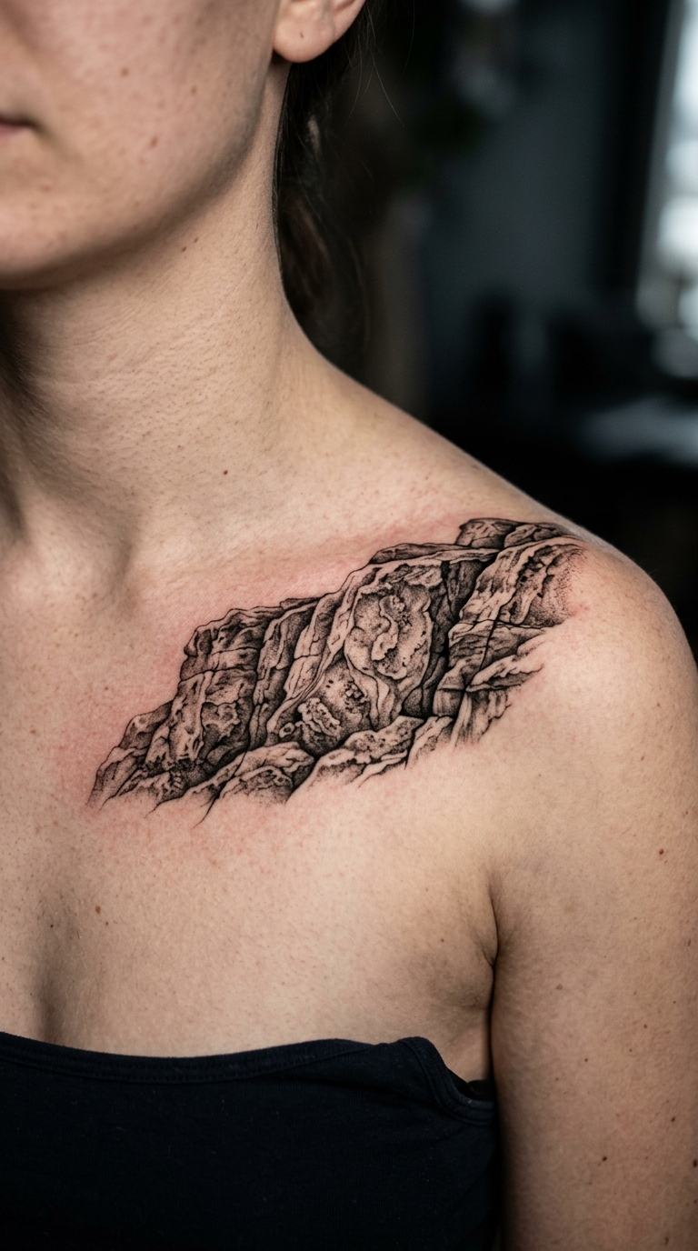 Verwitterter Fels als realistisches Tattoo für das Schlüsselbein
