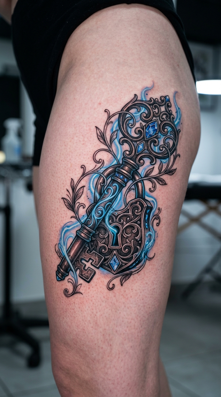 Verwunschener Schlüssel zum Schloss als mystisches Fantasy Tattoo für den Oberschenkel