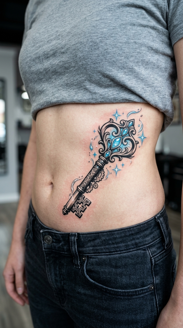 Verzierter Schlüssel als Anime Tattoo Idee für den Bauch