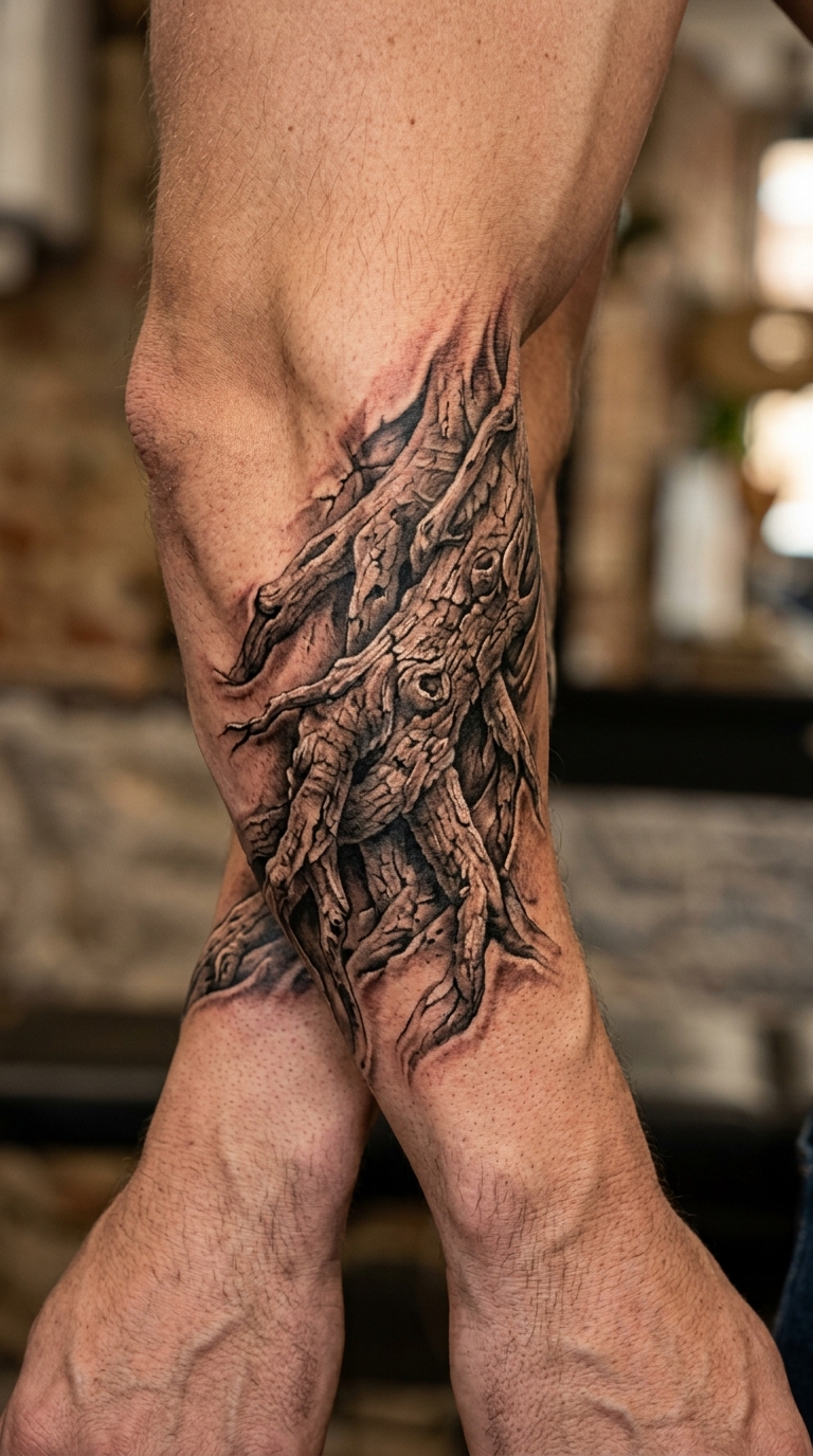 Verzweigte Baumwurzeln als 3D Tattoo für den Arm