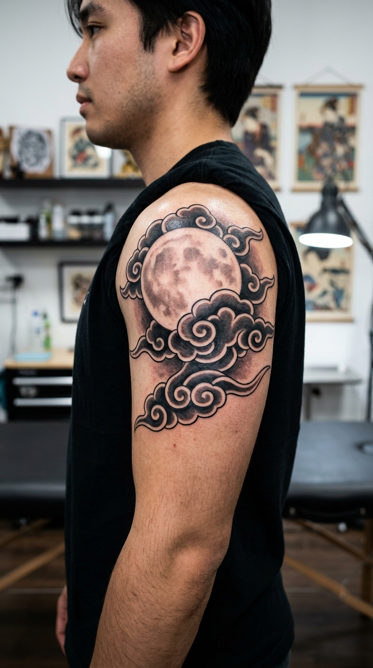 Vollmond hinter Wolken als japanisches Tattoo für den Oberarm