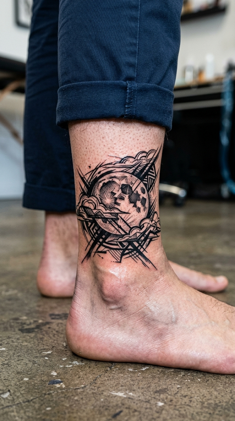 Vollmond hinter Wolken als kreuz und quer Tattoo für den Knöchel