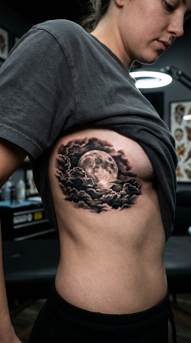 Vollmond hinter Wolkenschleiern als Cover up Tattoo auf den Rippen