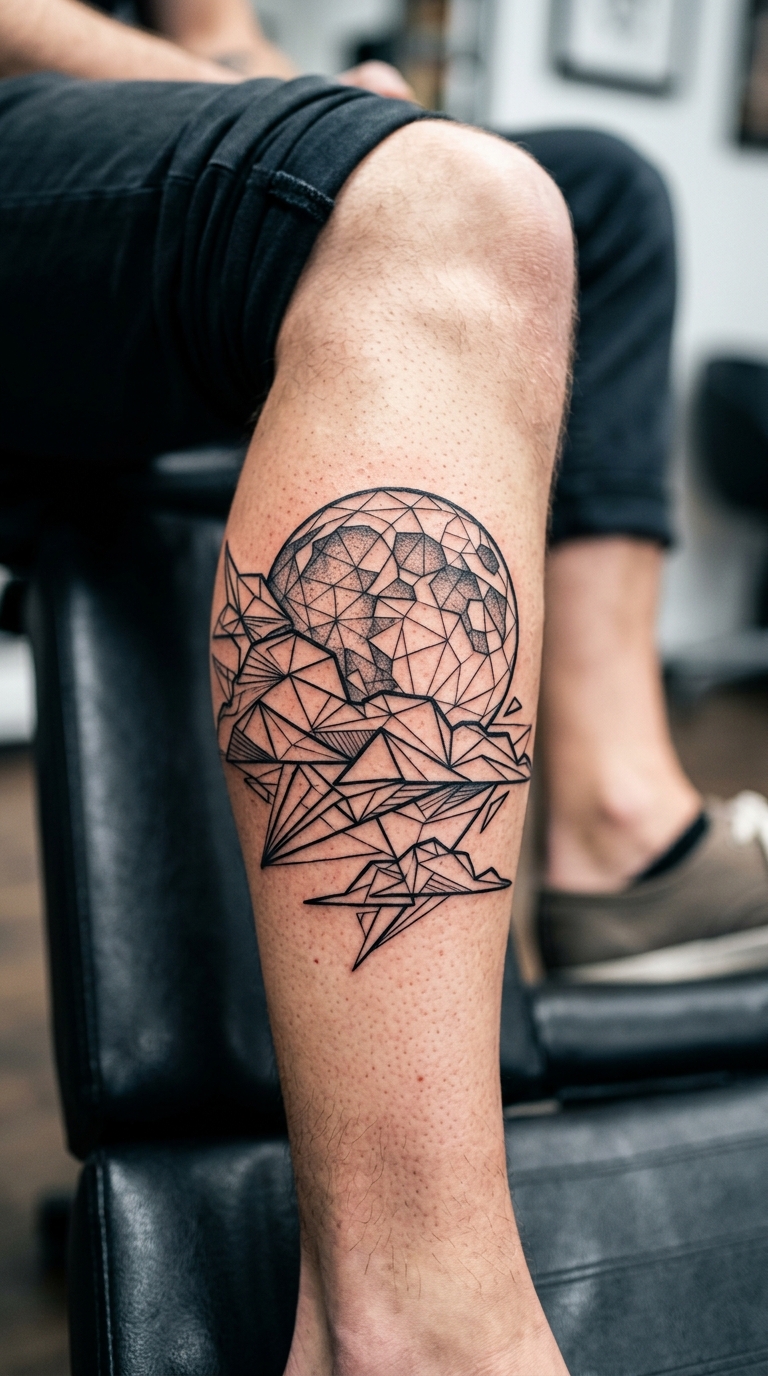 Vollmond hinter Wolkenschleiern als geometrisches Tattoo für das Bein
