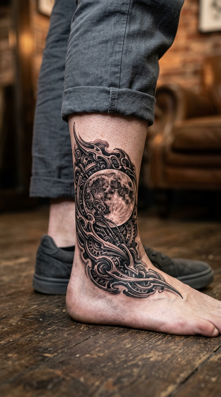 Vollmond und Maschinenteile als biomechanisches Tattoo für den Knöchel