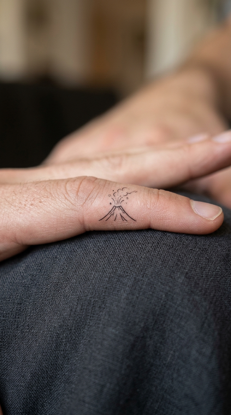 Vulkanausbruch als filigranes Fineline Tattoo auf dem Finger