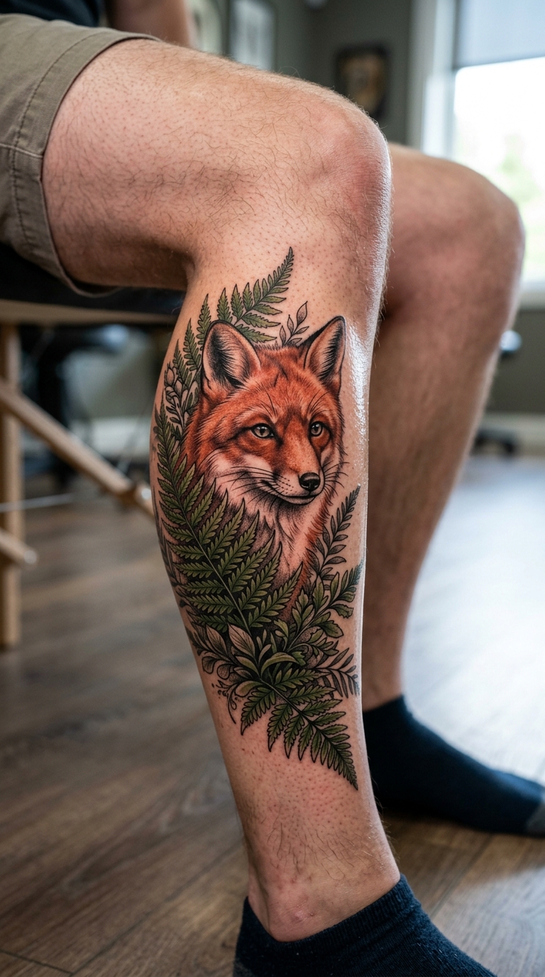 Waldgeist Fuchs als detailliertes Tier Tattoo für das Bein
