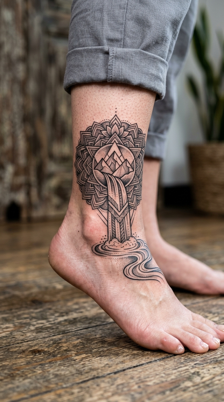 Wasserfall im Mandala Stil als Tattoo Idee für den Knöchel