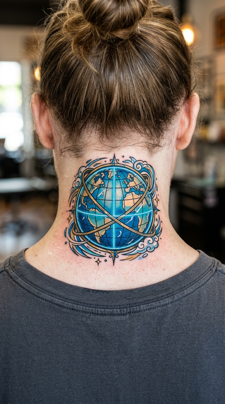 Weltkarte als Anime Tattoo Idee für den Nacken