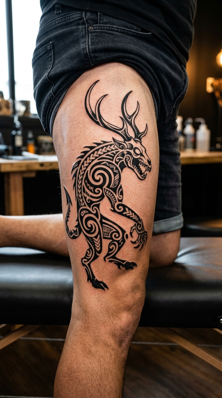 Wendigo als Maori Tattoo Idee für den Oberschenkel