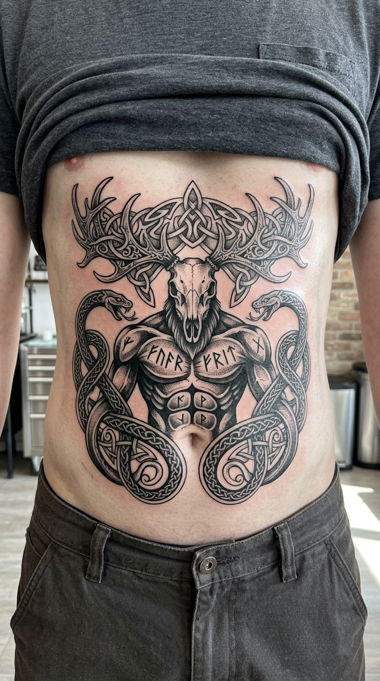 Wendigo als Wikinger und Celtic Tattoo für den Bauch