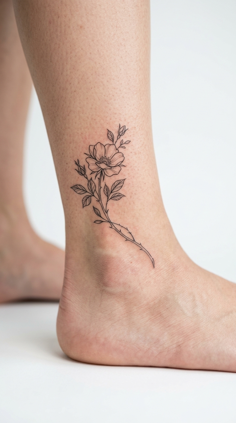Wildrose als filigranes Fineline Tattoo am Knöchel