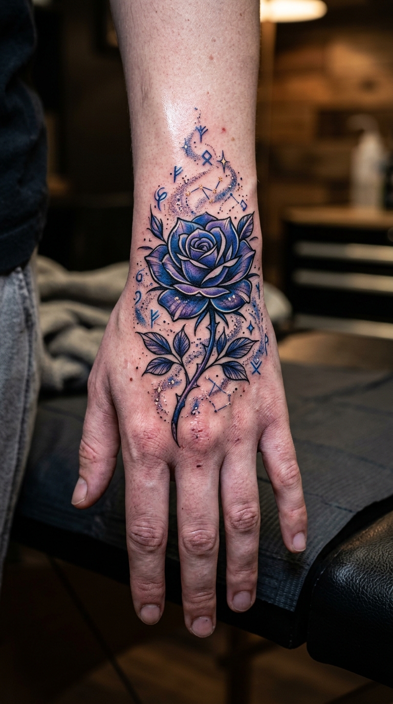 Wildrose als mystisches Fantasy Tattoo für die Hand