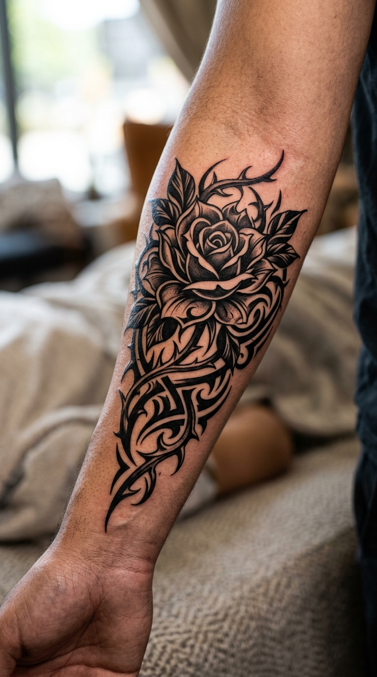 Wildrose als Tribal Tattoo Idee für den Unterarm