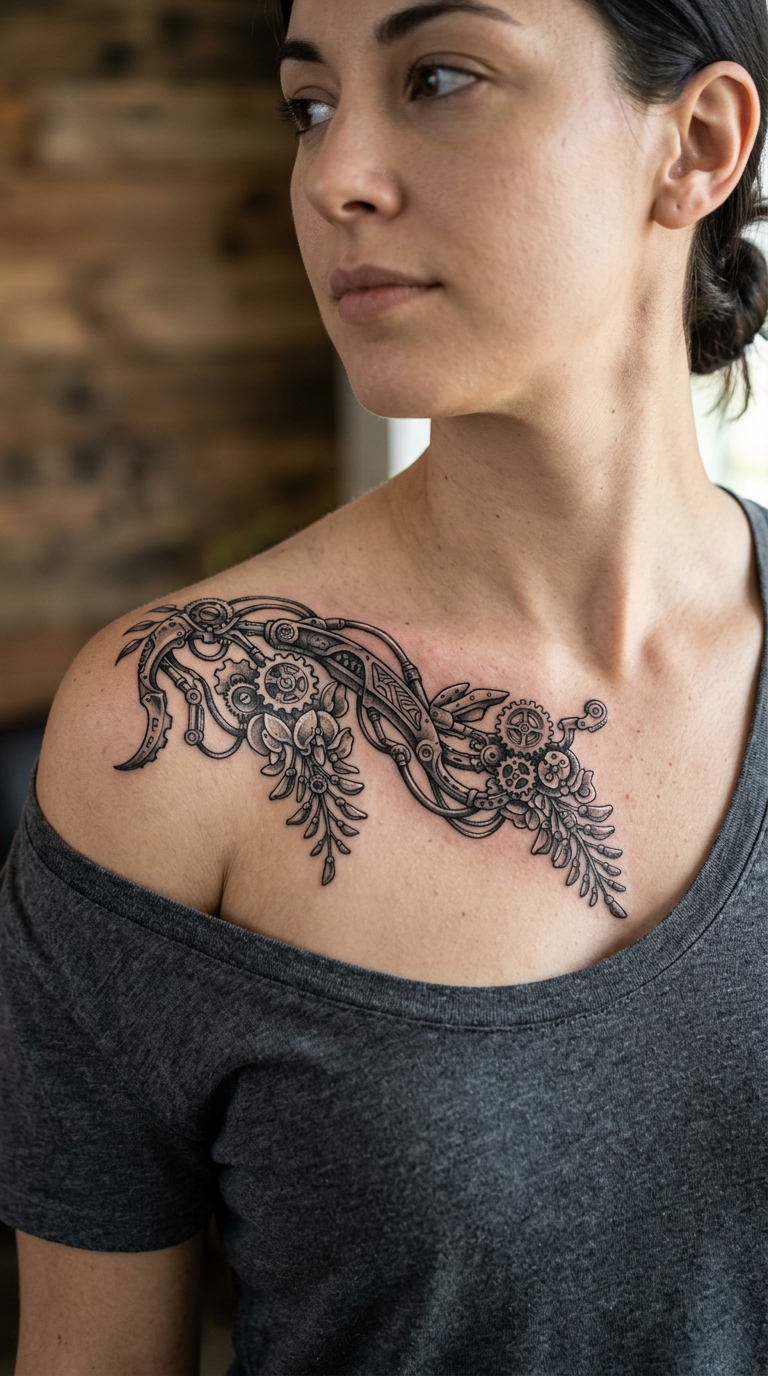 Wisteria als biomechanisches Tattoo für das Schlüsselbein