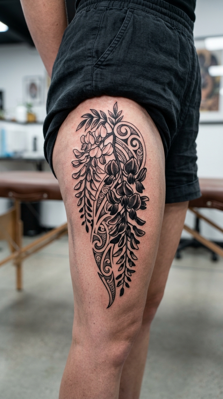 Wisteria Ranken im Maori Stil als Tattoo Idee für den Oberschenkel