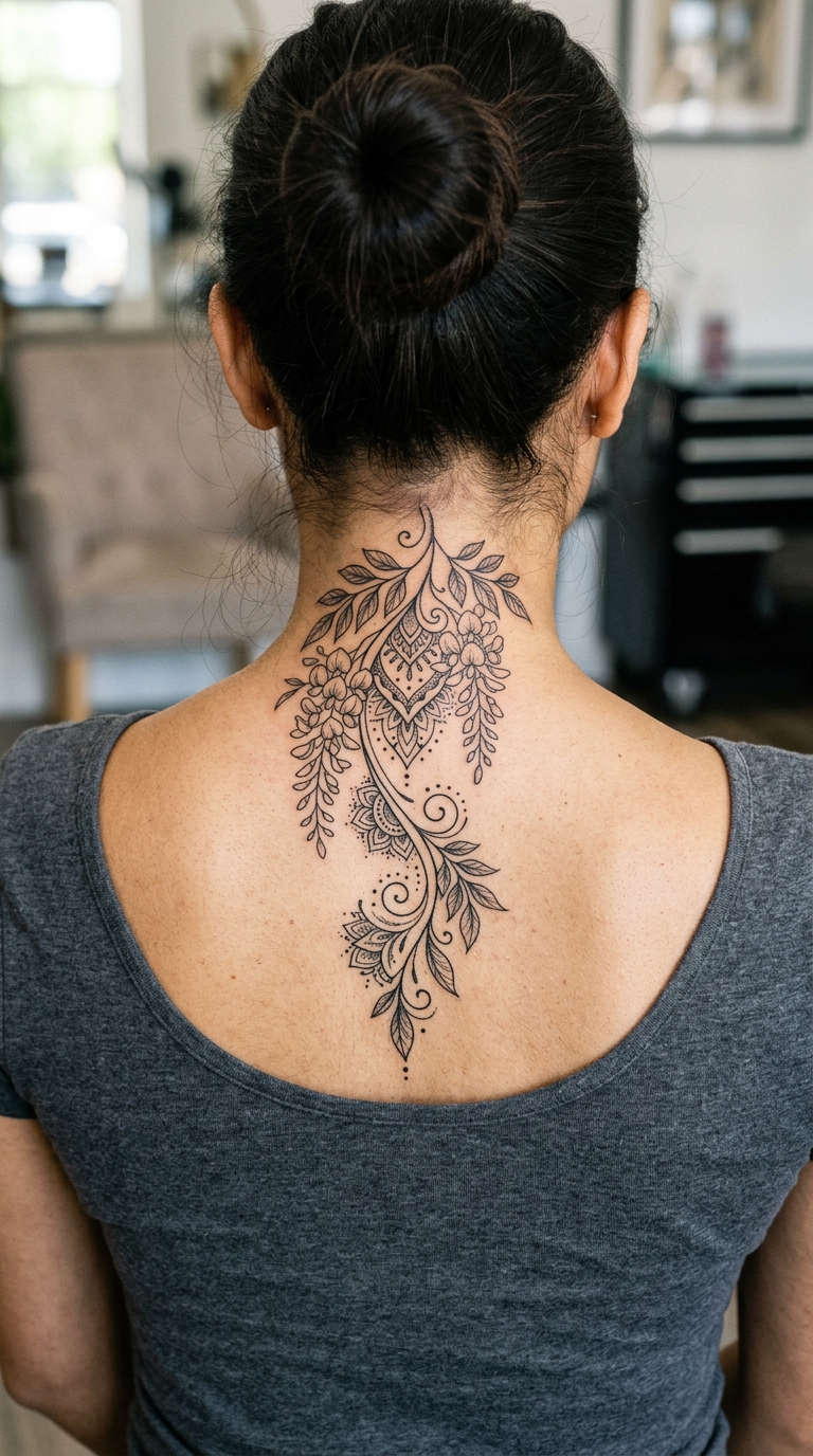 Wisteria Tattoo Idee im Henna Stil für den Nacken