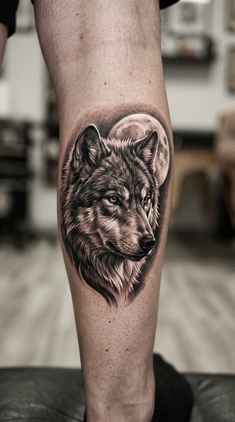 Wolf im Mondlicht als 3D Tattoo Idee für das Bein