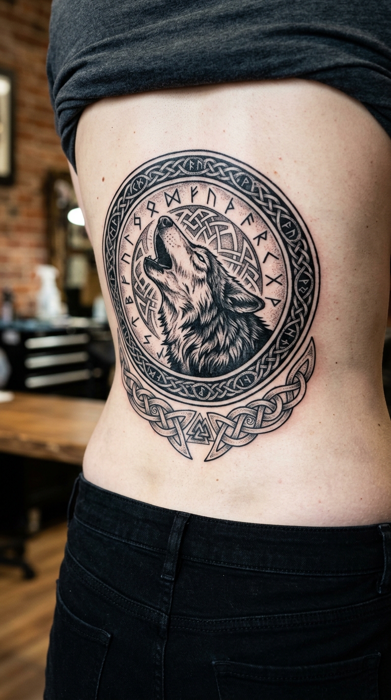 Wolf im Mondlicht als Wikinger und Celtic Tattoo für das Steißbein