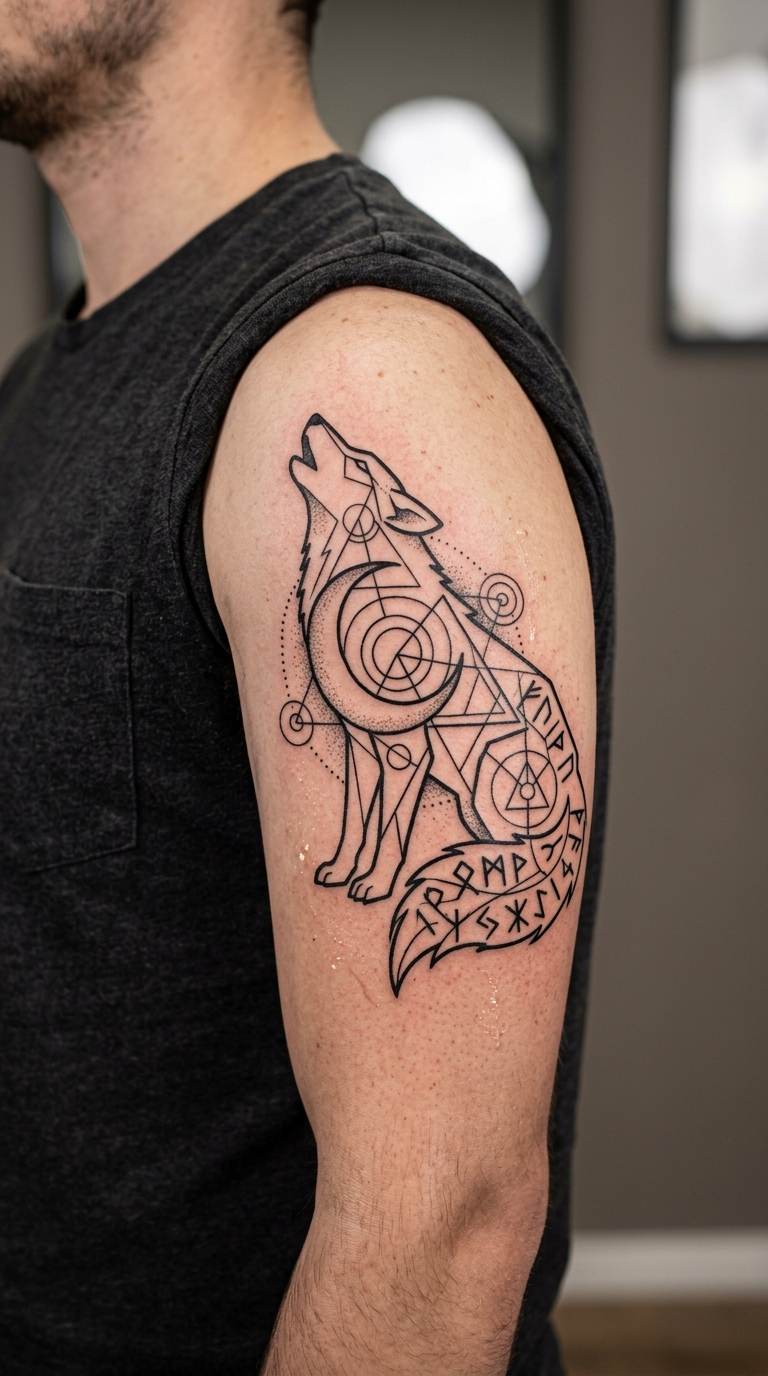 Wolf im Mondlicht als Zeichen und Symbol Tattoo für den Oberarm