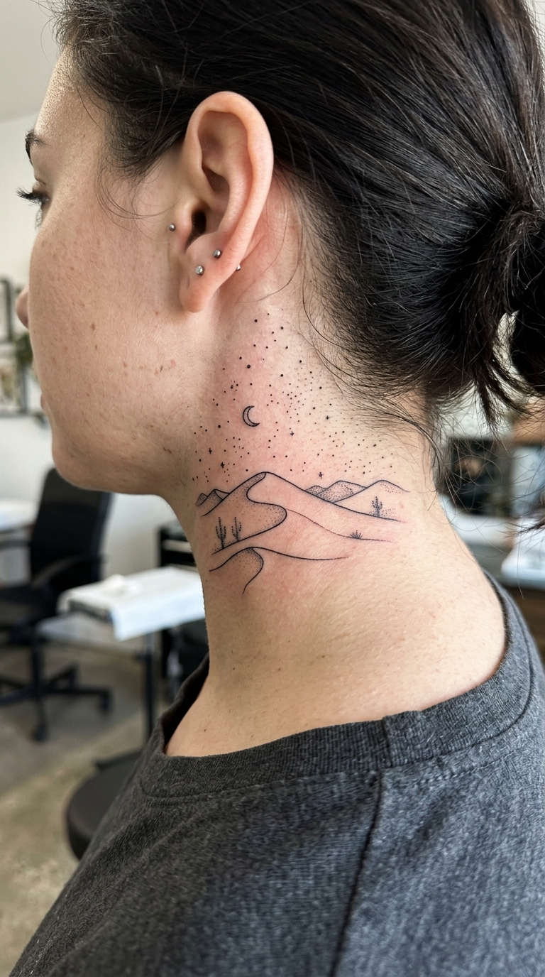 Wüstendünen als minimalistisches Tattoo für den Hals