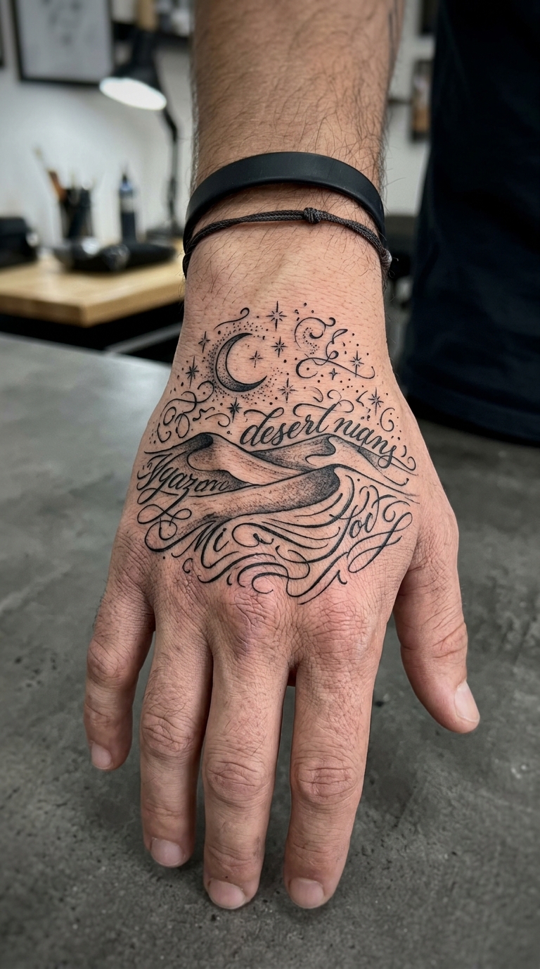 Wüstendünen bei Nacht als geschwungenes Schrift Tattoo auf der Hand