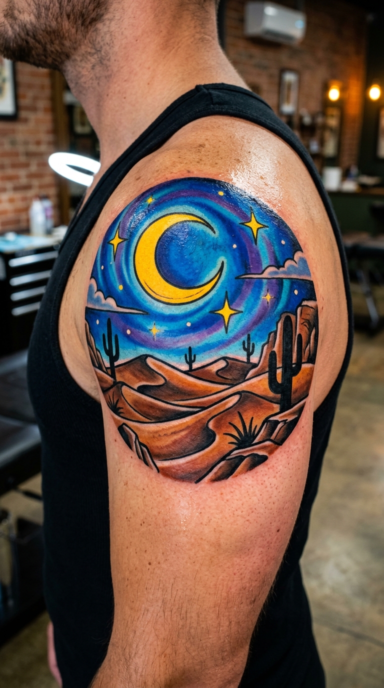 Wüstendünen bei Nacht als Oldschool und Newschool Tattoo für die Schulter