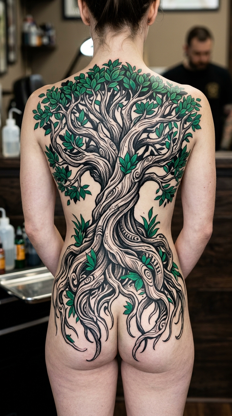 Wurzeln eines alten Baums als Anime Tattoo für den Rücken