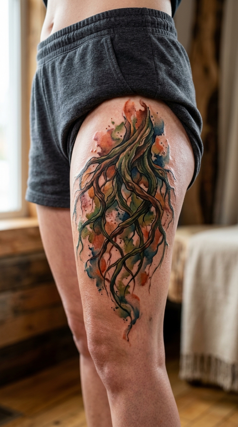 Wurzelwerk als farbenprächtiges Aquarell Tattoo für den Oberschenkel