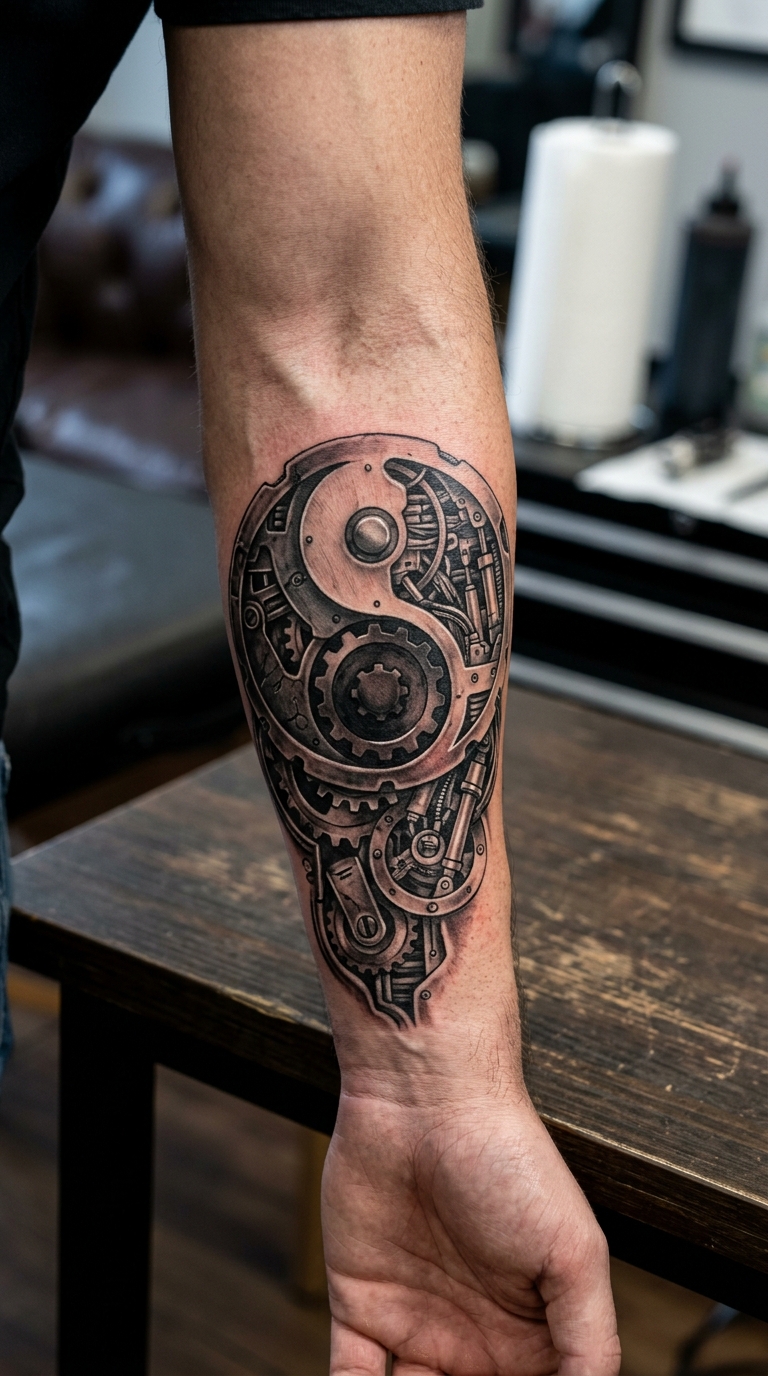 Yin Yang als biomechanisches Tattoo für den Unterarm