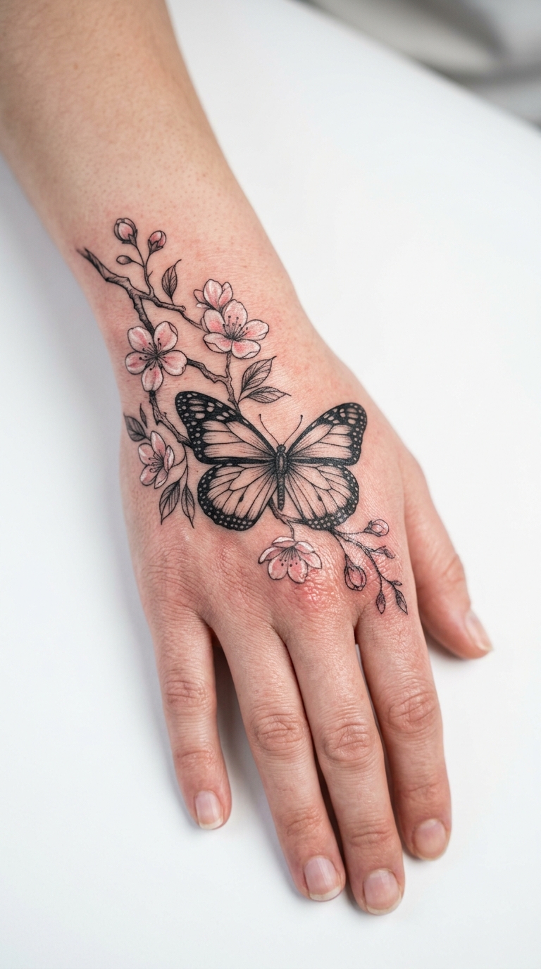 Zartes Schmetterlings Tattoo mit Kirschblüten auf der Hand
