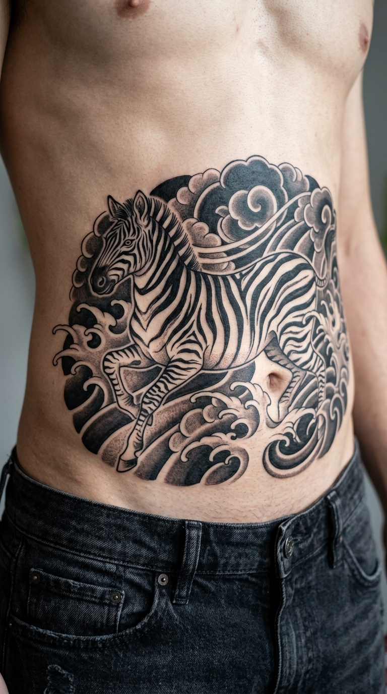 Zebra als japanisches Tattoo für den Bauch