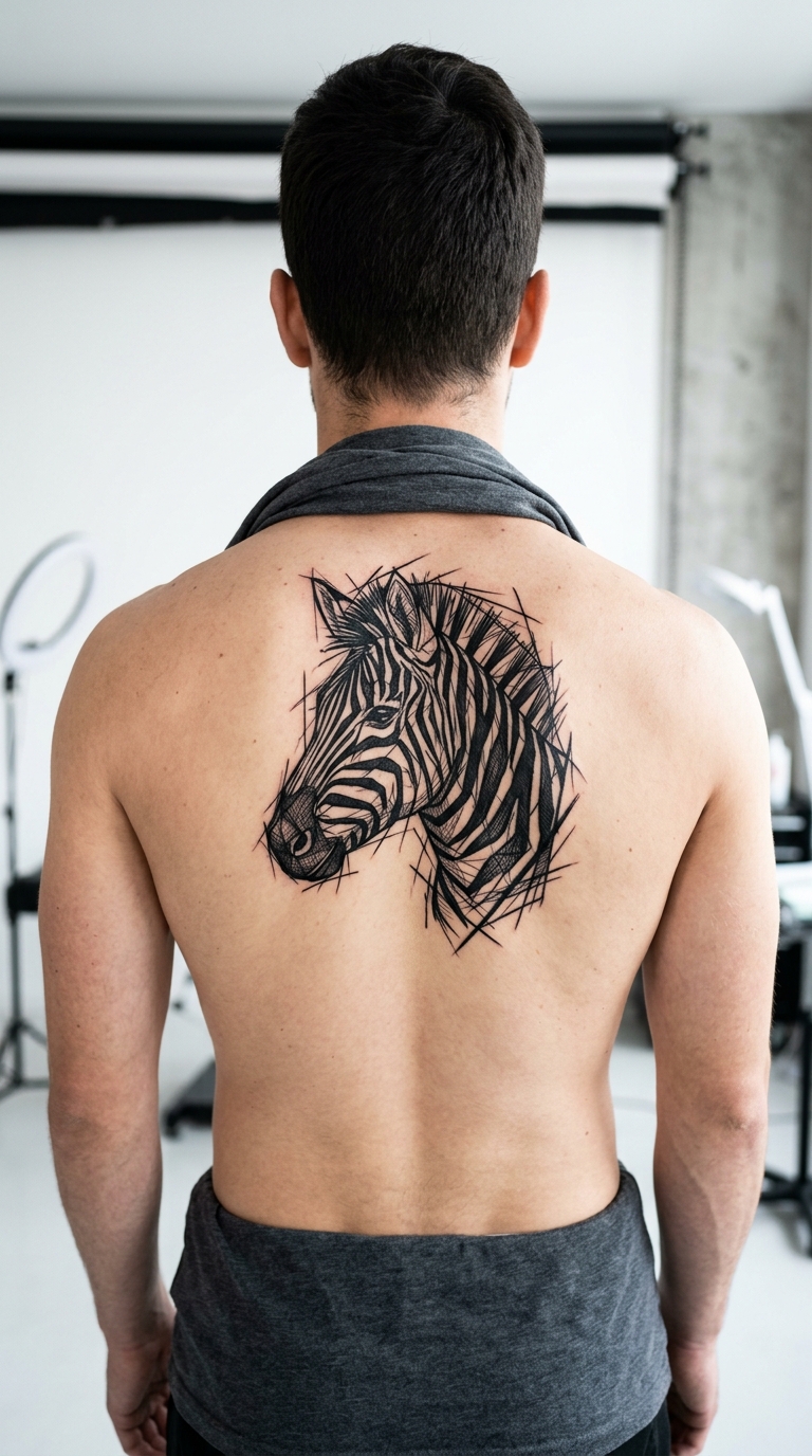 Zebra als kreuz und quer Tattoo für den Rücken