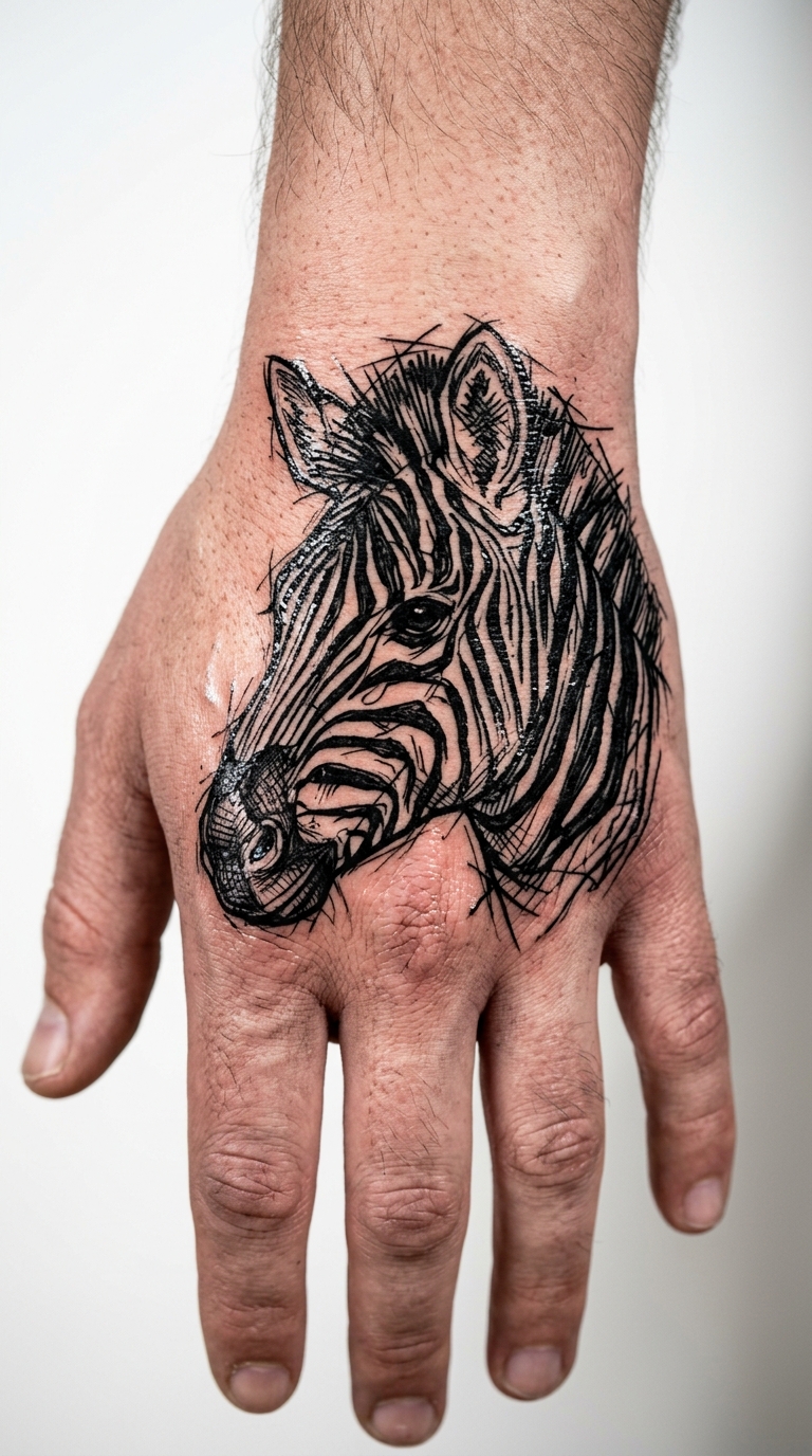 Zebra als kreuz und quer Tattoo für die Hand