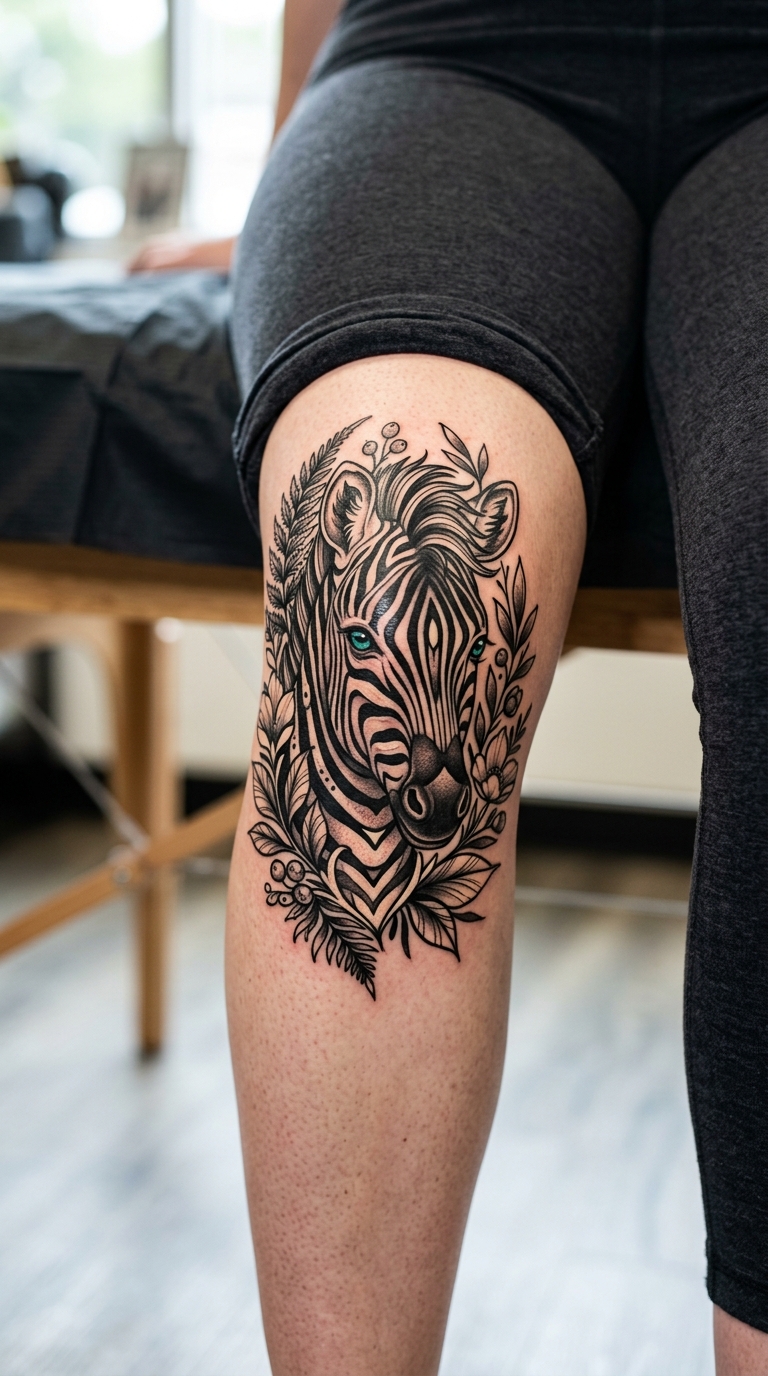 Zebra Design als Neo Traditional Tattoo für die Kniekehle