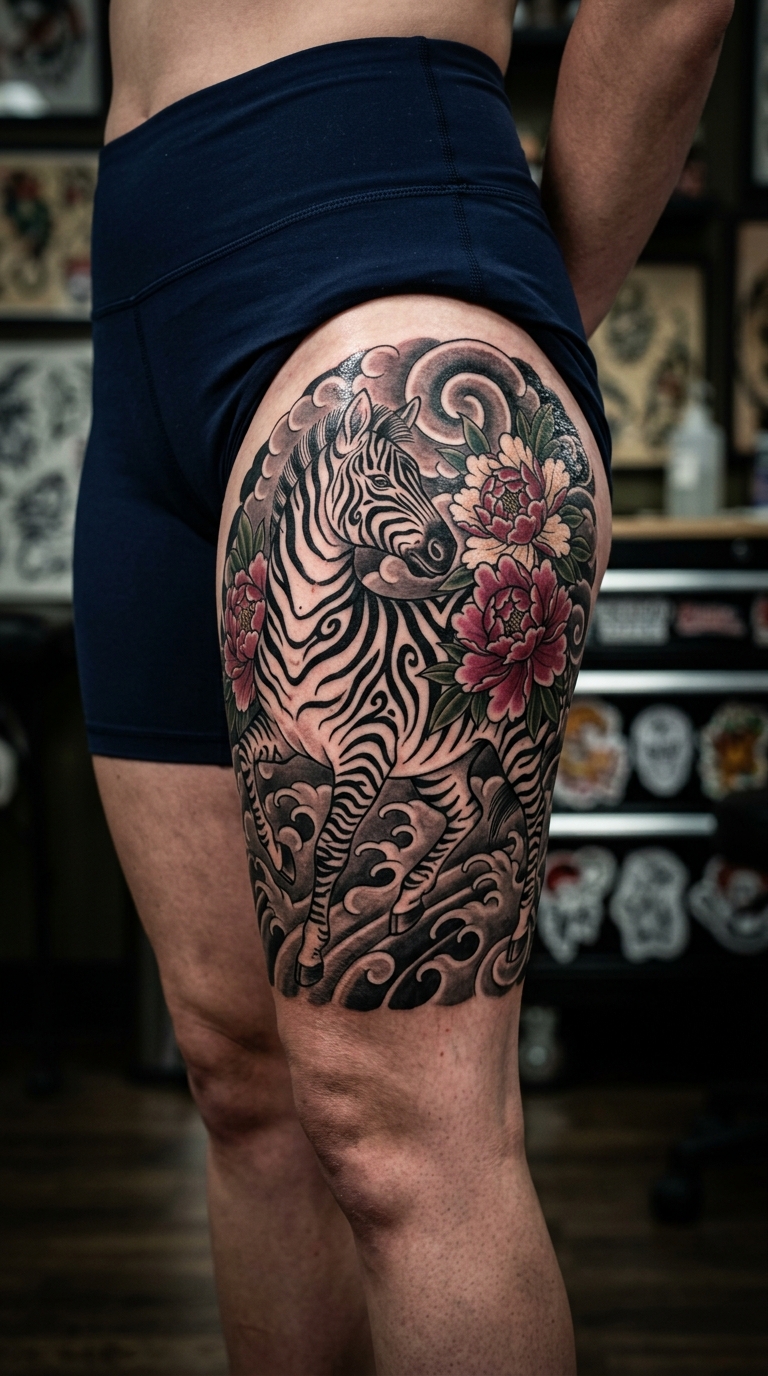 Zebra Motiv als Japanisch Tattoo für den Oberschenkel