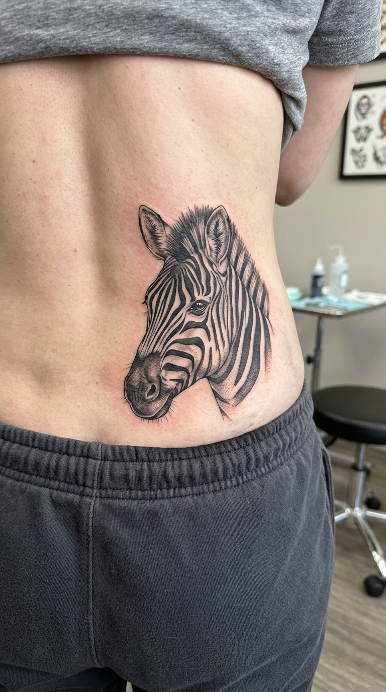 Zebra Portrait als Realistic Tattoo für das Steißbein