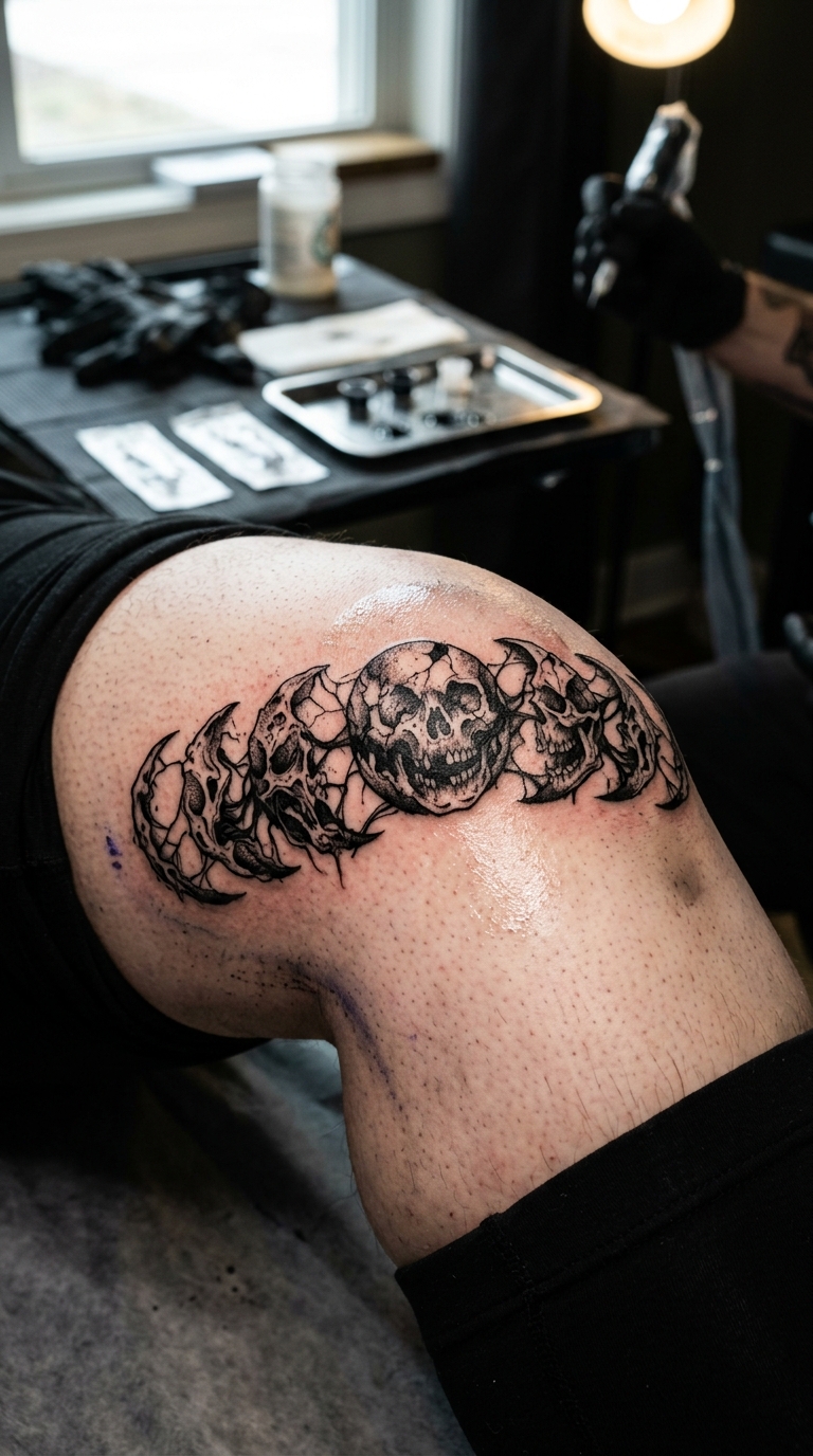 Zerfallende Mondphasen als Horror Tattoo für die Kniekehle