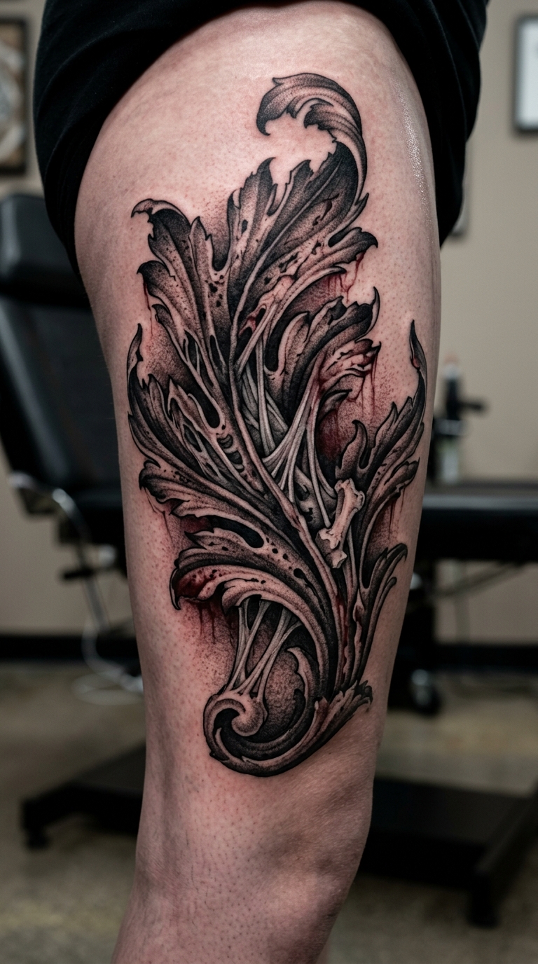 Akanthusblatt als Horror Tattoo Idee für das Bein