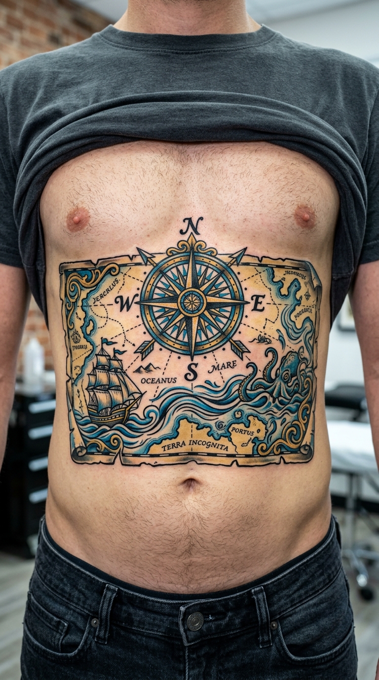Alte Seekarte als Oldschool und Newschool Tattoo auf dem Bauch