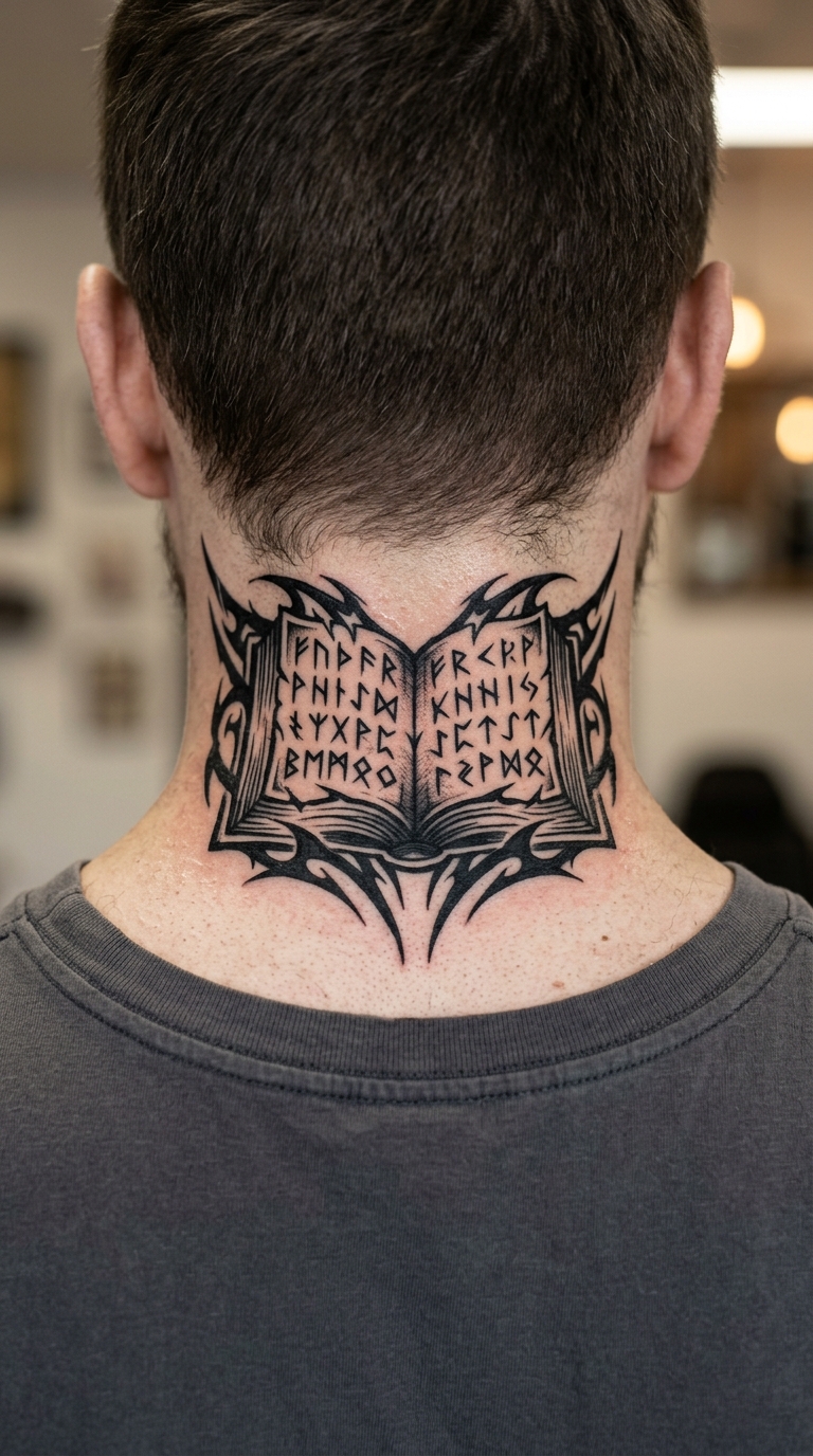 Altes Buch mit Runen als Tribal Tattoo im Nacken