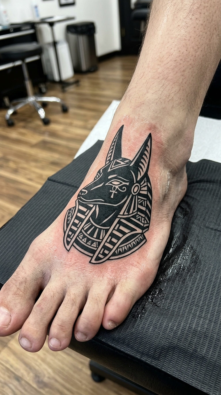 Anubis als Blackwork Tattoo auf dem Fuß