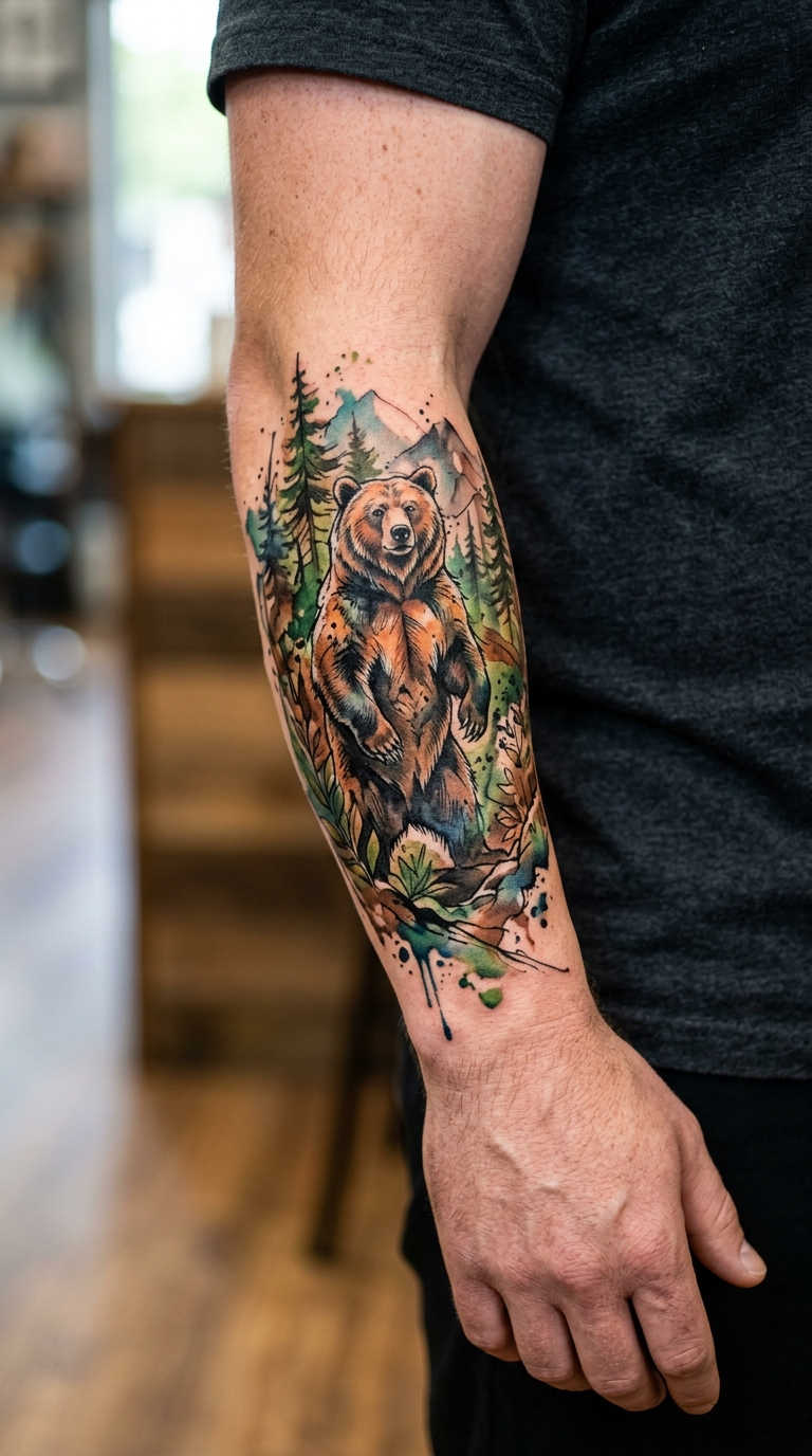 Bär im Wald als Aquarell Tattoo Idee für den Unterarm