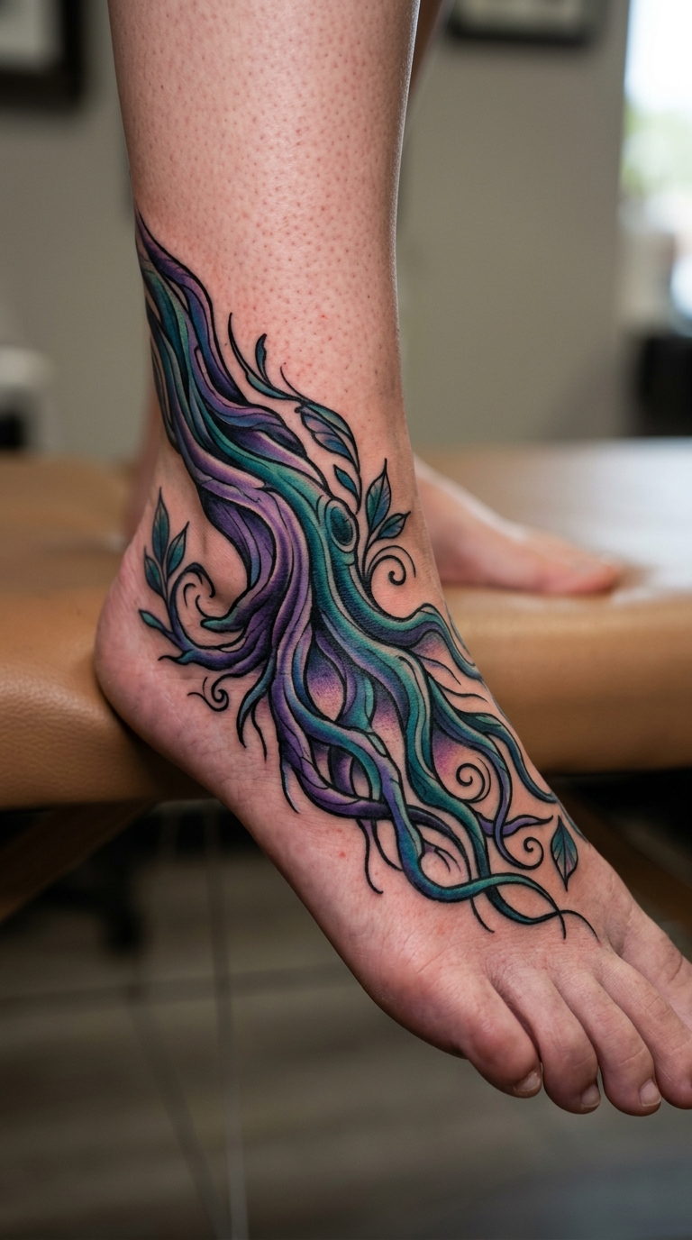 Baumwurzeln als farbenfrohes Oldschool und Newschool Tattoo am Fuß