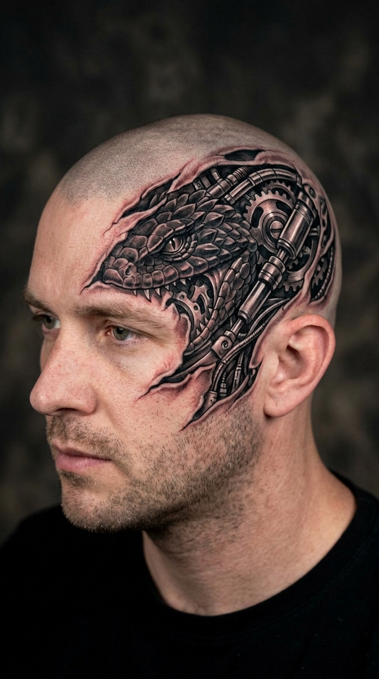 Biomechanische Reptilienhaut Tattoo auf dem Kopf