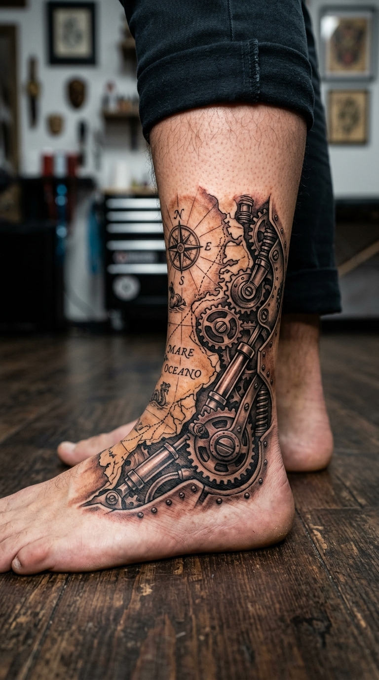 Biomechanisches Tattoo Design mit Seekarten Details für den Knöchel