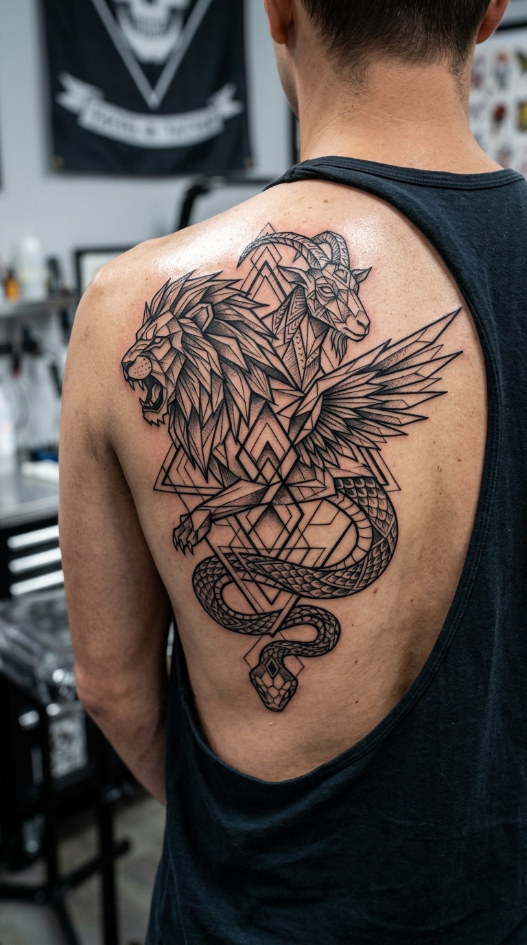 Chimäre als geometrisches Tattoo für den Rücken