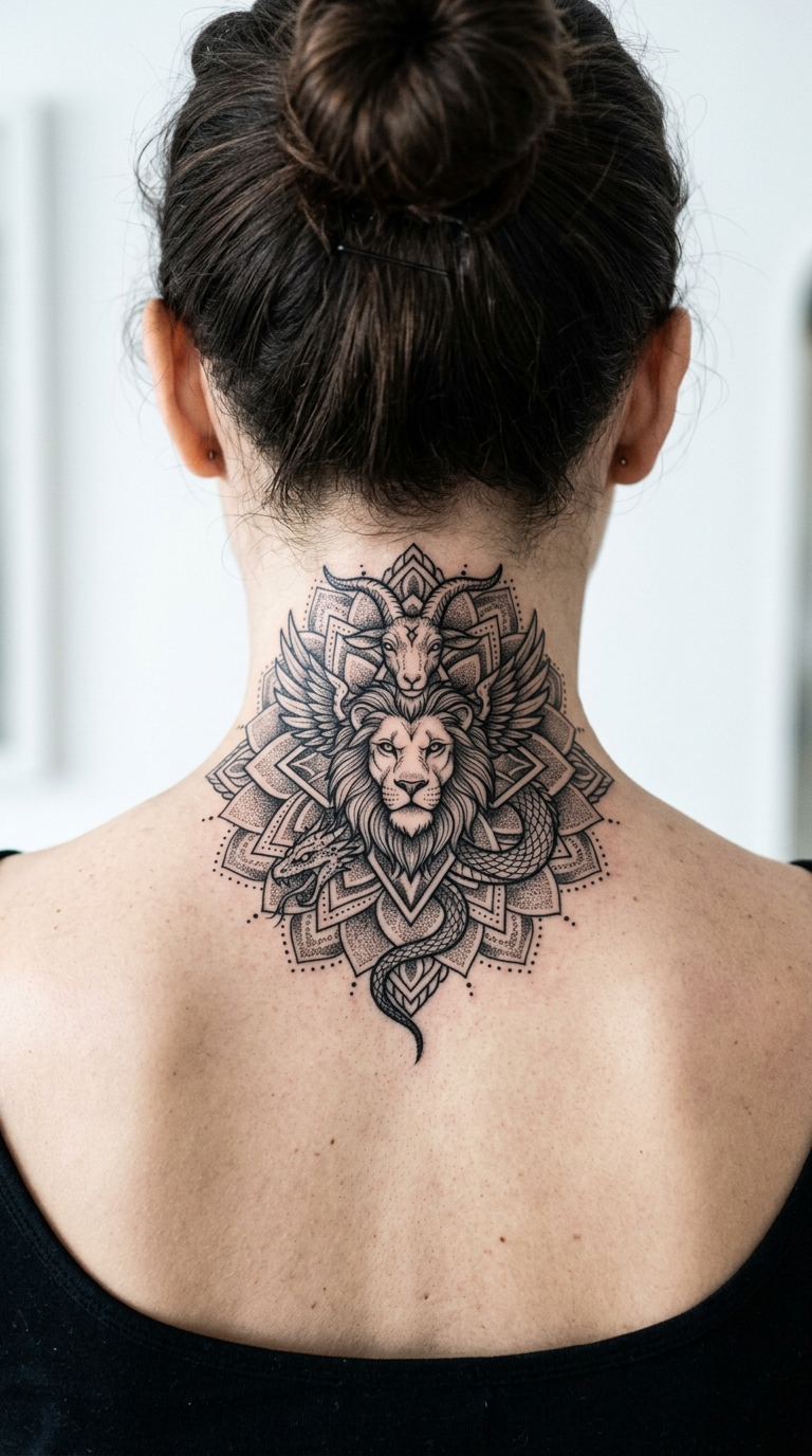 Chimäre als Mandala Tattoo Idee für den Nacken