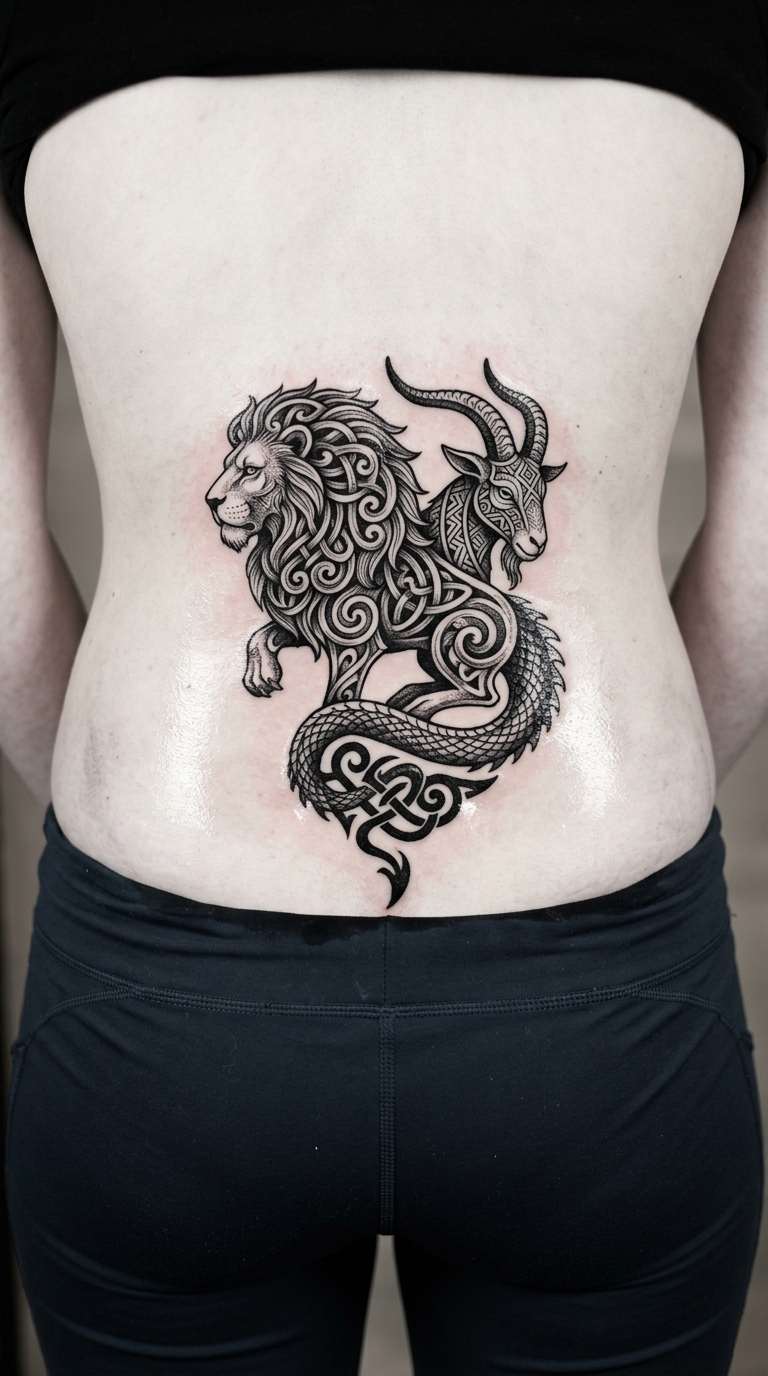 Chimäre als Wikinger und Celtic Tattoo auf dem Steißbein