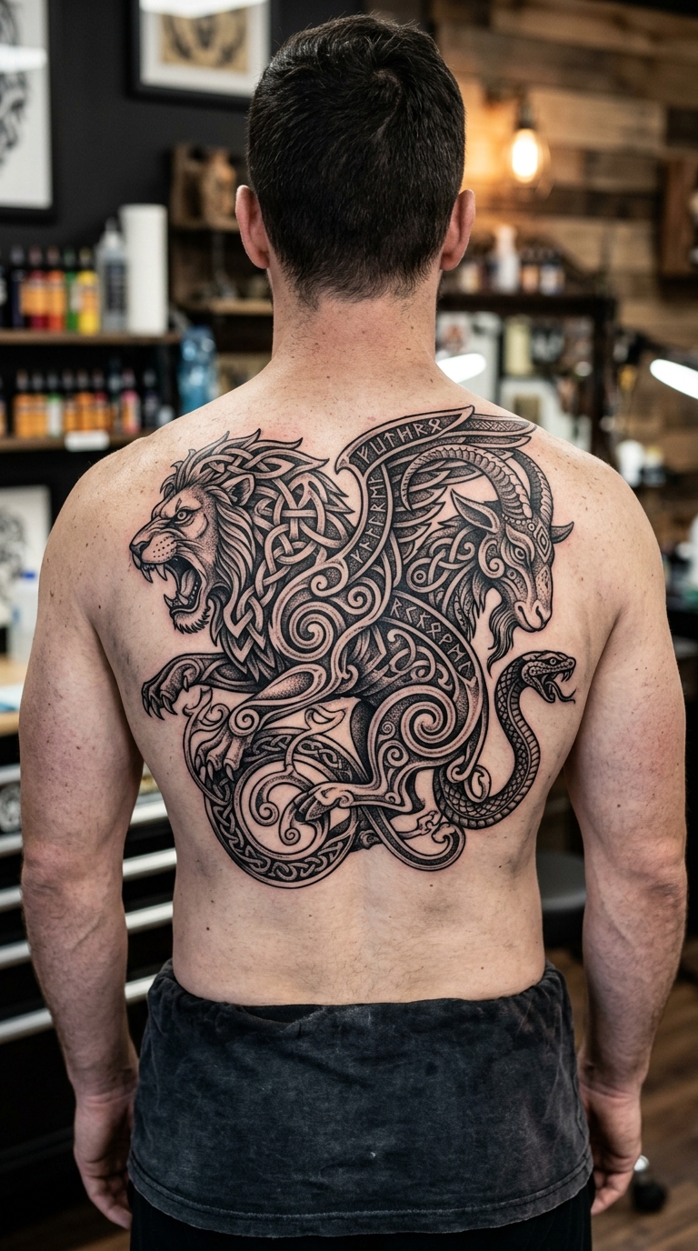 Chimäre als Wikinger und Celtic Tattoo Idee für den Rücken